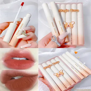 5pcs Bela Oranžna Šminka, Lip Gloss Nastavite Mat Trajne Nepremočljiva Ustnice Odtenek Profesionalne Kozmetike za Ženske Ustnice Ličila