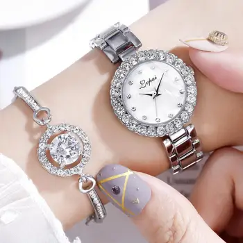 2PCS Diamond Luksuzni Ženska Pazi Kompleti, Ženski, iz Nerjavnega Jekla Dame Oblačenja Ročne ure Mala Izbiranje 2020 Zložljiva Sponke reloj mujer
