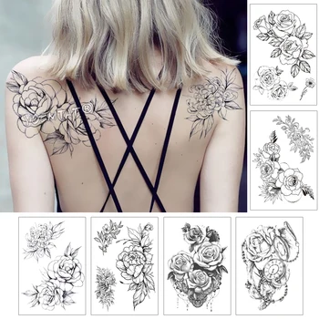 Nepremočljiva Začasno Prsi Tattoo Nalepke Linije Rose Peony Ponaredek Tatoo Flash Tatto Body Art Za Ženske