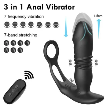 Moški Prostate Daljinski upravljalnik Massager Brezžični Thrusting Analni Butt Plug opozarjanje z Vibrator z Penis Prstan