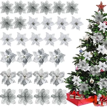 30pcs Srebro Umetno Cvetje Za Božično Drevo Okraski DIY Božični Okrasek Družinski Poročni Dekoracijo Božični Zabavi