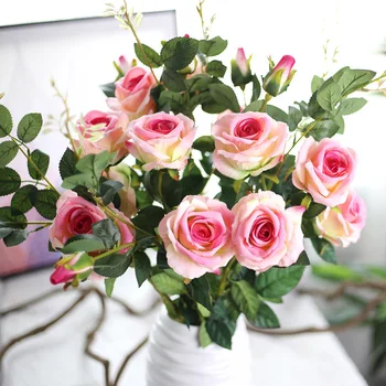 3 glave svile Rose Cvetje za Dekoracijo rose Svile Umetno Cvetje veje vrtnice za poročni šopek, dekoracijo