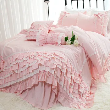 Super Luksuzni torto plasti Ruffle Čipke posteljnina nabor rjuhe kritje Julliette Sanje Kraljica roza posteljnina določa posteljo stanja bowknot posteljo set