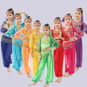 Bollywood Ples Kostume Nastavite Indijski Bollywood Otroci Obleke 5pcs (Headpieces Tančico Vrh Pasu Krilo), Otroci, Ples Trebuh krilo