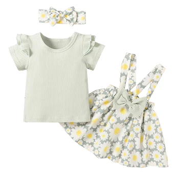 Malčka Baby Dekle, Poletne Obleke, Kompleti Kratek Rokav Krog Vratu Bluzo Priložnostne Cvetlični Pol Obleko+Glavo Obleke