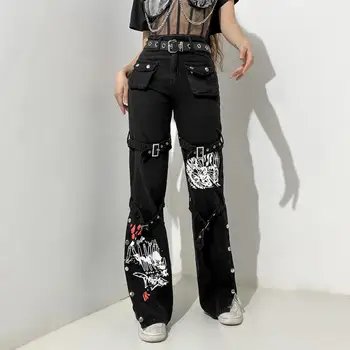 Retro Punk Tovora Jeans High Street Trendy Režejo, Široko Noge Hlače Gothic Metal Sponke Y2K Koreja Harajuku Dekle Dna Ins Ulične