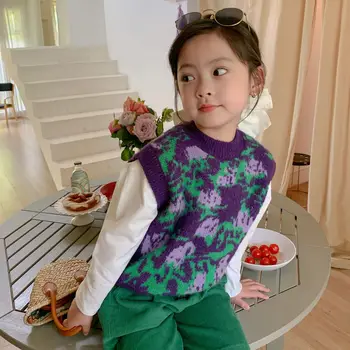 Jeseni Purple Rose Pulover Telovnik Jacquardske Pulover za Dekle korejski Otroci O-Vratu brez Rokavov Cvetlični Puloverji Waistcoat Obleko