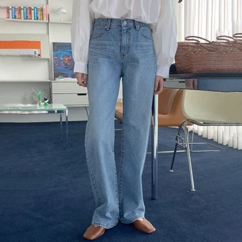 2021 Nove Ženske Pomladni Vintage Modra Dolge Jeans Redno Traper Hlače, Bombaž Hlače Sredi Pasu