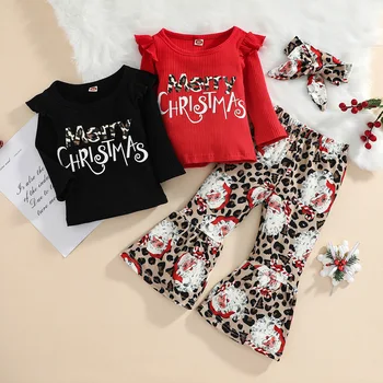 Božič Malčka Malčke Baby Dekle Pismo Puloverju Majica Leopard Flare Hlače Nastavite Santa Božič, Obleke, Oblačila Za Novo Leto Oblačila