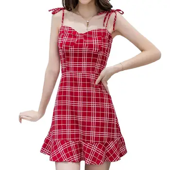 Kariran Obleke Poletje Ženske Kawaii Špageti Trak Mini Obleka Sladko V Vratu Imperij Stranka-Line Korejski Vestidos Luštna Obleka
