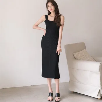Novo Arrvials Elegantno Zelena Slim Pletenje, Obleke Za Ženske Korejski Moda Rebrih Špageti Trak Midi Obleko 2021 Sundress