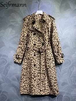 Seifrmann Visoke Kakovosti 2023 Pomlad Ženske Modni Oblikovalec Coat Jarek Z Dolgimi Rokavi Z Pasu Žepi Leopard Tiskanja Coats Suknji