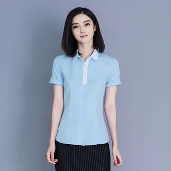 Korejski Poletje Šifon Majice za Ženske Kratkimi Rokavi Ženske Majica Skyblue Urad Dama Temperament Ženske Gumb Gor Majico