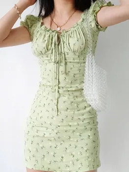 Retro francoski Vrv Povoj Ovratnik, Kratkimi Rokavi Zeleno Cvetno Obleka Ženska Elastična Ruched Nazaj Slim fit Mini Obleke Počitnice