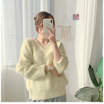 Imitacija mink pulover pulover ženske, jeseni in pozimi novo toplo svoboden Proti-vrat trdna dolgimi rokavi pulover pulover ženski top