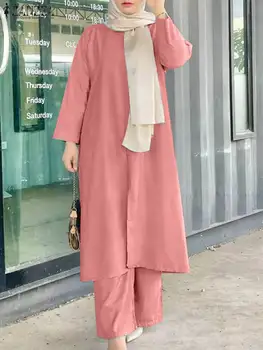 ZANZEA Moda Muslimanske Ženske Obleke Ujemajoče Niz Poln Rokav O-Vratu, Široko Noge Sopihanje Barva Elegantno Vzročno Oblačil Vintage Obleko
