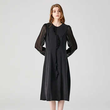 VOA 30 Momme Težji Silk Black O-neck Majica z Dolgimi Rokavi Ženske Obleke Asimetrični Naguban Svoboden Listov Svileno Obleko AE1978