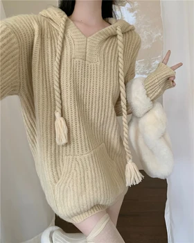 Pleten pulover s kapuco Jopico Pulover Ženske 2023 Pozimi Novo V letu 2000 Oblačila Estetska Oblačila z Dolgimi Rokavi Preprost debel Pulover