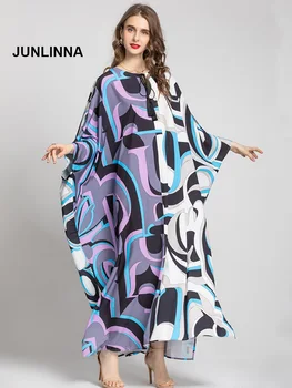 JUNLINNA Modni Oblikovalec Ohlapne Dolge Obleke, Ženske Batwing Rokav Geometrijske Tiskanja Vintage Obleko Maxi Haljo Obleke Vestidos