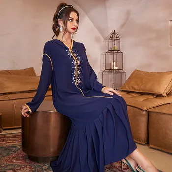 Mornarsko Modra Arabski Moda Diamanti Nabrano Obleko Bližnjem Vzhodu Abayas Za Ženske Večerne Obleke Muslimanskih Moda Haljo Femme Musulmane