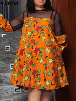 VONDA Prevelik Stilsko Vrečasta Vestidos Dolg Rokav Midi Obleke Ženska Očesa Mozaik O-Vratu Natisnjeni Haljo Ženske Modni Sundress