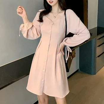 Elegantna Mini Roza Obleka Ženske Fairycore Povoj Design Dolg Rokav Obleka Korejski Urad Dama Slim Večer Stranka Obleko 2021 Padec