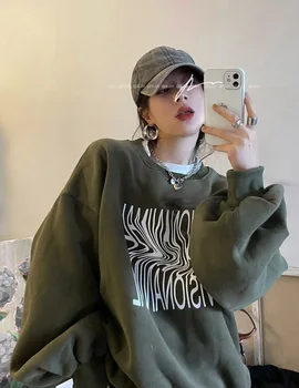 Ženska majica Original pravi strel korejski moda povzetek pismo oblikovanje tiskanje zadebelitev plus mah, pulover, oblačila kpop