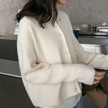 Barva tkanine kariran pulover plašč žensk leni kratek slog, svoboden jeseni wear ženske pletenje jopico z dolgimi rokavi pulover