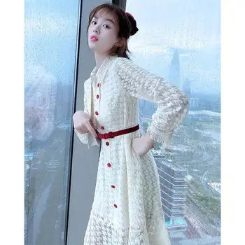 Ženske Zarezo Vratu Obleko 2022 Pomlad Jesen Žensk V Korejskem Slogu Eleganten Dolg Rokav Beli Kariran Večera Lady Stranka Oblačila M162