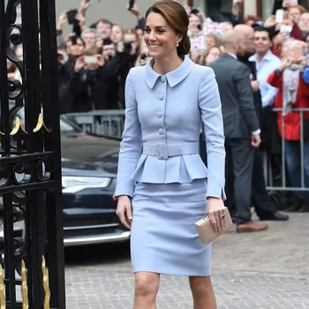 Kate Middleton Princesa Solid Blue Vrh Elegantno OL Urad Dame Krilo Nastavite S Pasom N1027