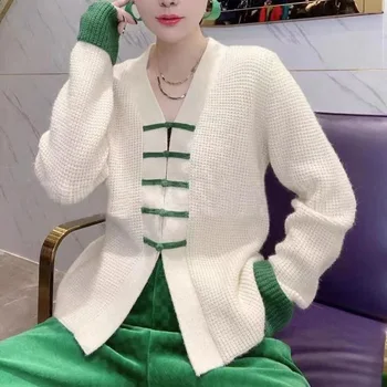 V-vratu pletene cardigan plašč Novi Kitajski slog, barvo ujemanje pulover za ženske spomladi in jeseni