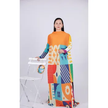 Ženske geometrijske tiskanja stranka obleko Miyak Naguban Modi svoboden plus velikost obleke z visoko vratu temperament