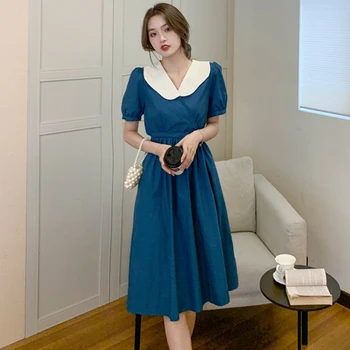 Poletje Korejski Chic Vintage Trdna Hepburn Obleka Ženske Bodycon Modra Mozaik Seksi Midi Obleke 2022 Eleganten Stranka Vzletno-Pristajalne Steze Vestidos