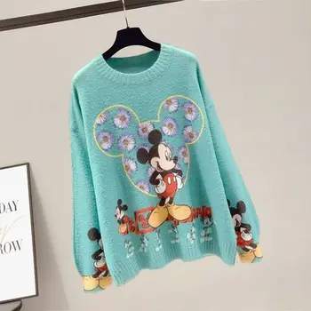Disney Mickey Mouse Jeseni, Pozimi Pletene Džemper Vrhovi turtleneck Puloverji Priložnostne Puloverji Ženske Dolg Rokav Ohlapen Pulover Dekleta