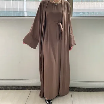 Wepbel 2 Kos Muslimanskih Določa Ženske Arabski Abaya Haljo Caftan Islamska Oblačila Obleka s Pasom Dubaj Haljo Nastavite Odprite Abaya Cardigan