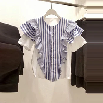 Črtasto Ruffles Mozaik Ženske Majice Poletje Nov Dizajn O-Vratu Flare Sleeved Elegantna Urad Dama Outwear Vrhovi