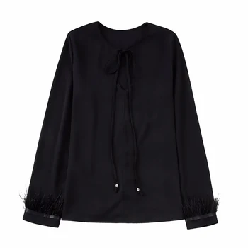 PB&ZA Bluze za Ženske Jeseni Mode Večer Bluze Black Luxury Eleganten Dolg Rokav Pero Rokavi Top Ženska Oblačila 9075530