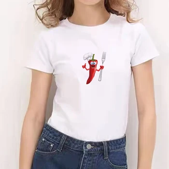 Časovno omejeno Ženske Hot Chilli Papper Tisk Majice za Lady Streetwears Priložnostne Belega Bombaža, Kratek Rokav Vrhovi Poletnih oblačil
