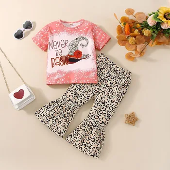 Oblačila za dojenčke Fant Dekleta Hlače, Kratek Rokav Posadke Vratu Črke Natisni T-shirt z Leopard Tiskanja Flare Hlače otroška Oblačila