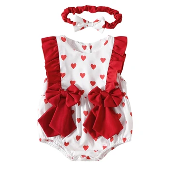 Newborn Baby Dekle Romper Valentinovo Srce, ki Tiskanja Lok Bodysuits za Dojenčke Bombaž Moda Ogrlicom Otroci Oblačila Dekleta 0-24M
