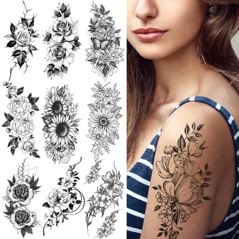 Nepremočljiva Začasni Tattoo Nalepke za Ženske Črna Seksi Rose Metulj Cvetje Body Art Tattoo Roko Noge Rokav Ponaredek Tatoo