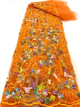 2022 Najnovejše Nigerijski Oranžna Visoke Kakovosti Težka Luksuzni Sequins Čipke Afriške Ročno Izdelanih Kroglic Očesa Tkanine Za Stranke Večerno Obleko