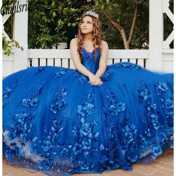 2021 Kraljevsko Modra Quinceanera Obleke s Plašč 3D Rose Cvetje Zabuhle Sweet 16 Celebrity Obleko Stranka Halje Diplomi