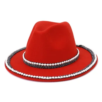 DEKLE KLOBUK Fedora Klobuk Ženske Red Hat Pearl Verige Luksuznih Klobuk Volne Klobučevine Savna Klobuk Poroko Panama 2021autumn pozimi klobuk Široko Roba