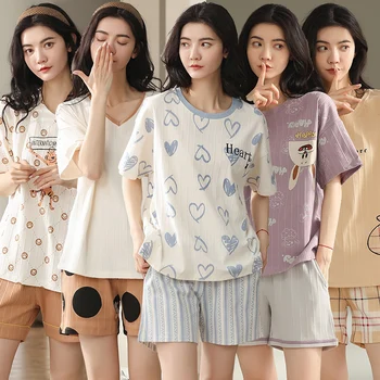 2022 Poletje Kratek Rokav Bombaž Tiskanja Hlače Pajama Določa Ženske Korejski Sleepwear Pižame Bo Ustrezala Homewear Pijama Mujer Domov Oblačila