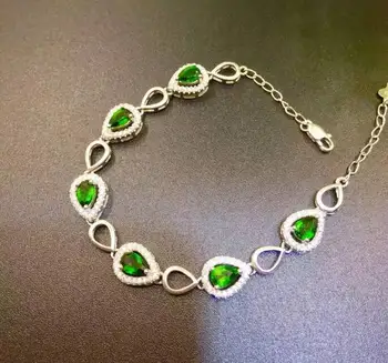 Naravna zelena diopside gem Zapestnica Naravni gemstone Zapestnica 925 srebrno zapestnico ženske Elegantne vodnih kapljic stranka nakit Darilo