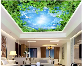 3d prostoru ozadje po meri foto Zeleni listi, modro nebo in beli oblaki stropne freske 3d stenske freske tapete za stene, 3 d