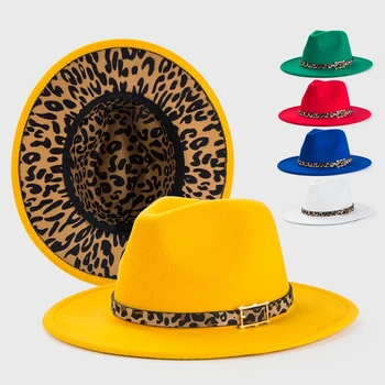 Rumena fedora notranje leopard tiskanja pomlad nov klobuk Panama počutil klobuk za moške in ženske jazz klobuk fedora klobuk шапка женская