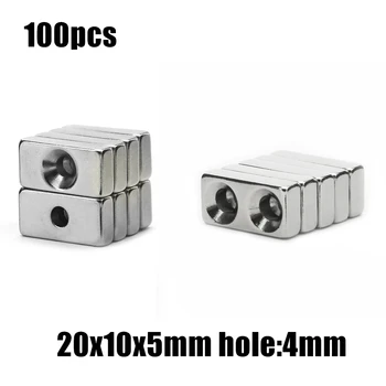 100 kozarcev 20x10x5mm luknjo:4 mm /dvojna luknja Blok NdFeB Neodymium Magnetom N35 20x10x5-4 mm Super Močan Trajni Magnetni