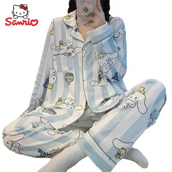 Sanrio Cinnamoroll Ženske Pižame Risanka Jopico Dolgo Sleeved Hlače Imitacije Bombažno Pižamo Kawaii Anime Domov Oblačila Obleko